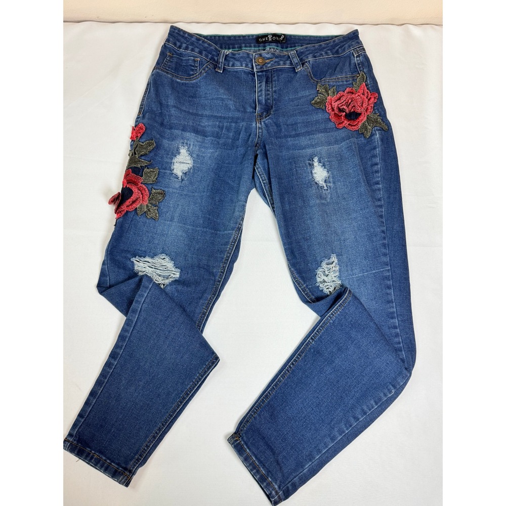One 5 One BOHO Jeans Size 12 (SEE MEASUREMENTS) Tapered Leg Faux Pockets Flowers